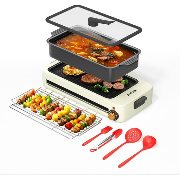 AORAN Electric Indoor Grill 1700W Smokeless BBQ, Hot Pot & Griddle with 4 Free Tools Adjustable Temp Control, Non-Stick Coating, Easy Clean White