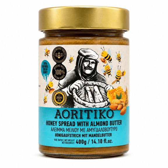 AORITIKO Honey Spread with Almond Butter  100% Cretan Thyme Honey & Roasted Almond Paste, No Added Sugar, Gluten Free, Natural Energy Spread, Product of Greece  14.10 oz (400g)