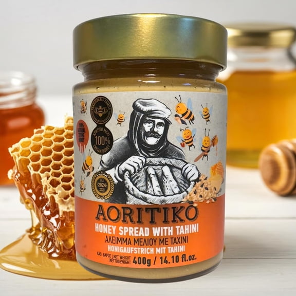 AORITIKO Honey Spread with Tahini, Authentic Cretan Thyme Honey & Sesame Paste, Natural Greek Energy Spread, No Added Sugar, Gluten Free, GMO Free, 400g / 14.10 oz Glass Jar