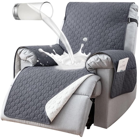 AORSHER Waterproof Recliner Chair Slipcover, Non-Slip Cover with Pockets, Washable Protector for Kids & Pets, Grey