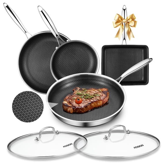 AOSION 4PCS Stainless Steel Cookware Set 8"/10"/12" Frying Pans & 9" Baking Pan Induction Ready Oven Safe Dishwasher Safe All Cooktops Compatible