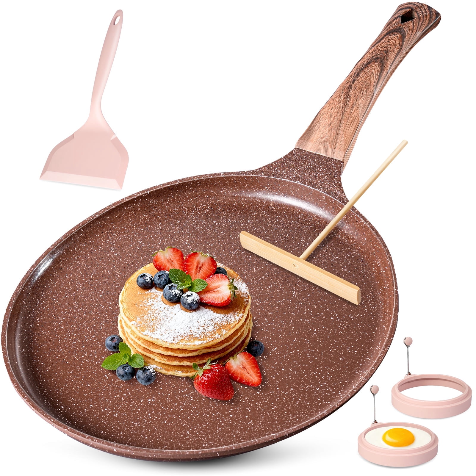 AOSION Crepe Pan Nonstick 11 Inch,Dosa Tawa Creamic,Tortilla pan For Pancake Steak Crepe Salmon,Flat Pan With Ergonmic Handle For All Stoves Top,Brown