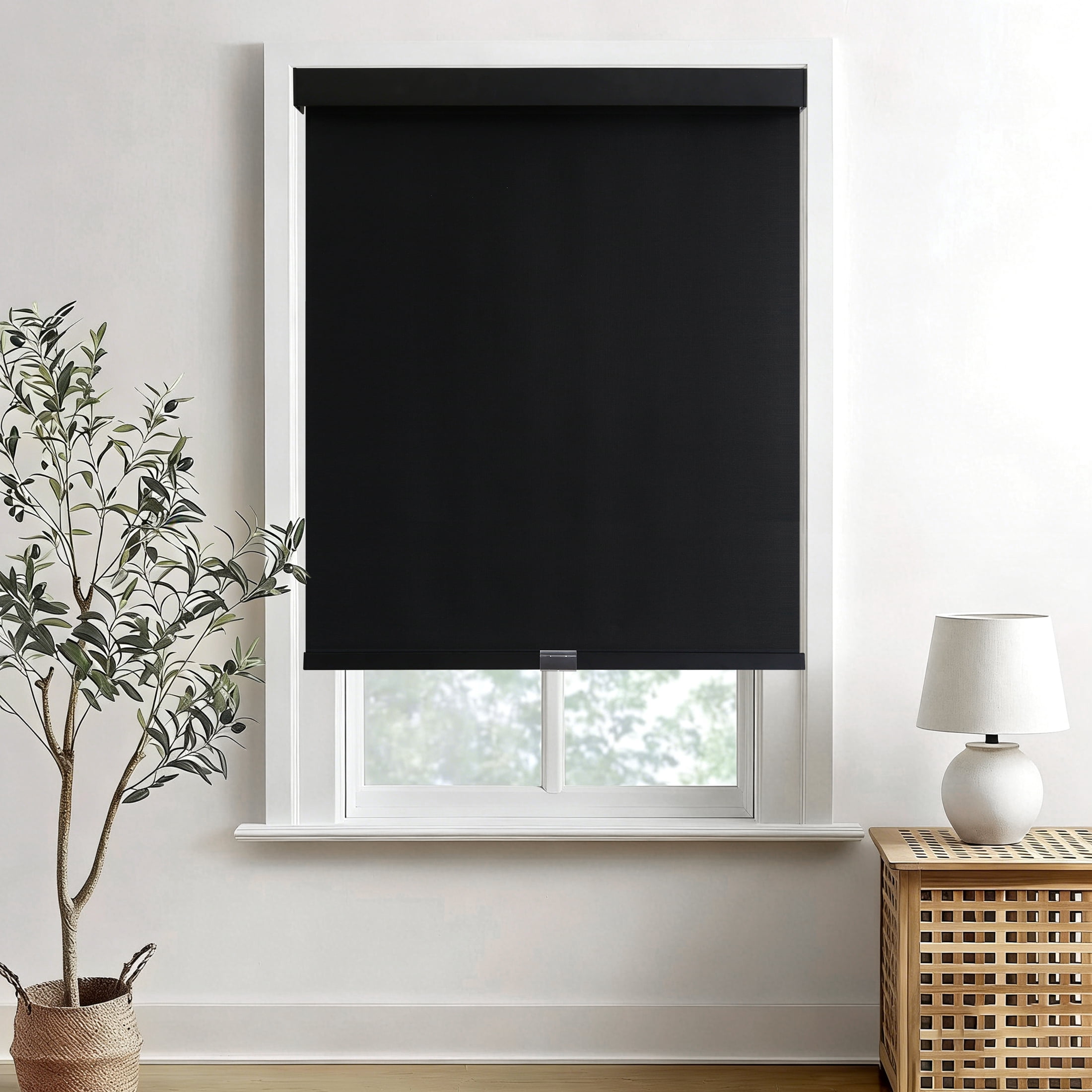 AOSKY Cordless Blackout Roller Shades, Free-Stop Natural Woven Window Blinds Thermal Insulated UV Protection for Home and Office, 46"W x 72"H, Black