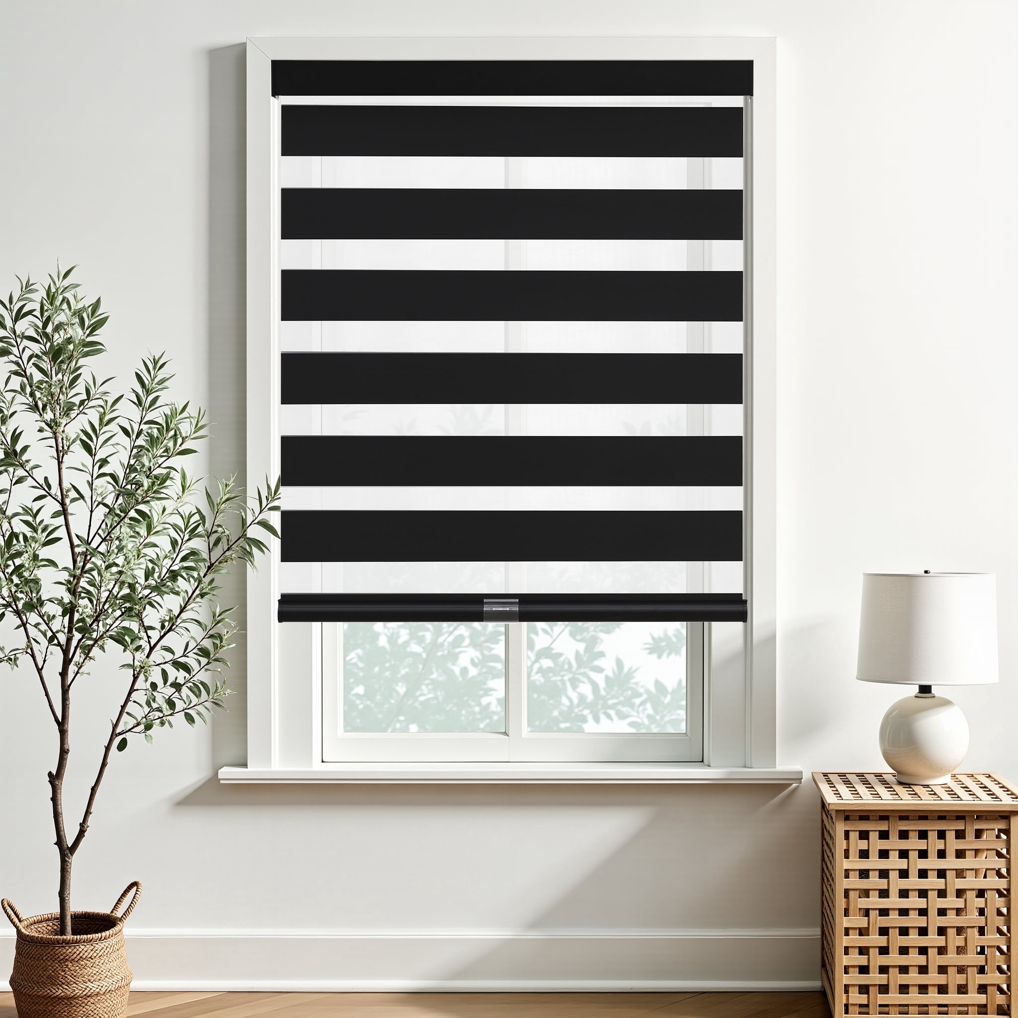 AOSKY Cordless Zebra Blinds for Windows, Light Filtering, Easy Install Day and Night Pull Down Roller Shades for Home, 35"W x 72"H, Black