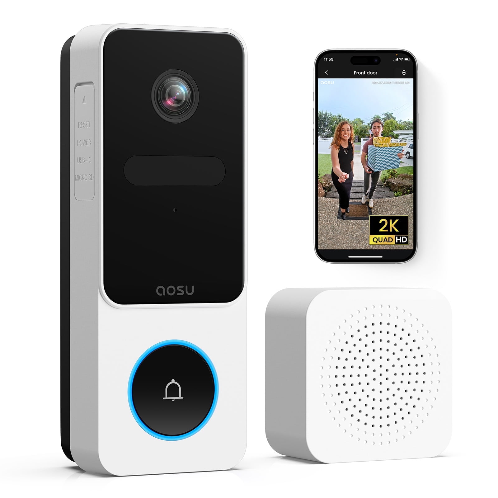 AOSU 2K /3MP Wireless Doorbell Camera with Chime, Head-to-Toe View Video Doorbell, Smart Parcel Detection, 2 Way Audio, Night Vision