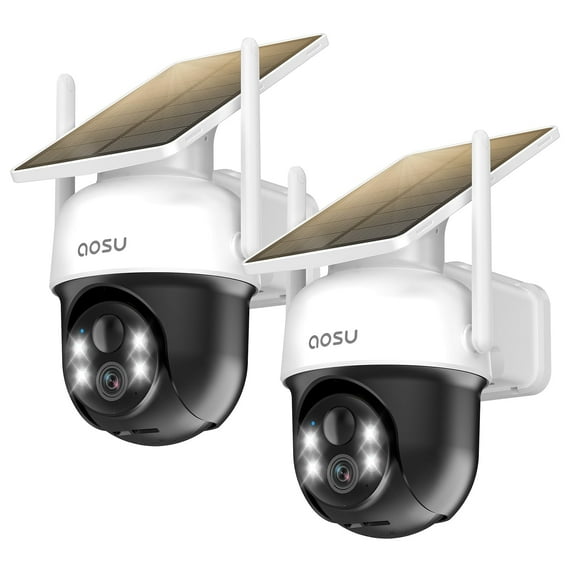 AOSU 2K Solar Security Camera with 4 Spotlight, Wireless Outdoor Camera with Fixed Solar Panel, 360° Panoramic View, Human Auto Tracking, Color Night Vision - 2 Pack