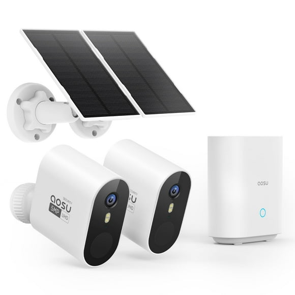 AOSU 3K/5MP Outdoor Security Cameras with Homebase, Spotlight, Wireless Home Surveillance System, Solar Powered 2-Cam Kit, 2-Way Audio, No Subscription, Color Night Vision, Waterproof, 2.4G & 5G WiFi