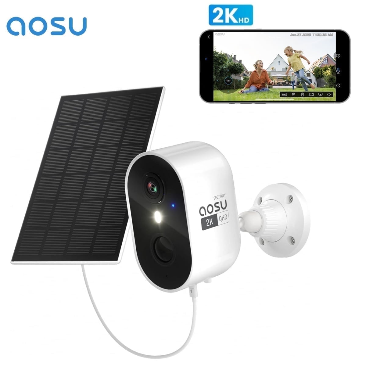 AOSU Solar Security Camera Wireless Outdoor, 2K Surveillance Camera for Home ,Spotlight,Siren, 2-Way Audio, PIR Human Detection, Color Night Vision