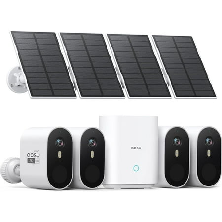 AOSU Solar Wireless Outdoor Security Cameras, 2K/3MP Home Security System, 4 Camera Kit with 166° Ultra-Wide View, Solar Powered, Spotlight, Night Vision, No Monthly Fee, 32G Local Storage