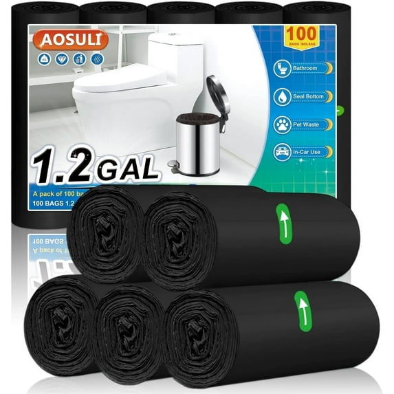 AOSULI 1.2 Gal Trash Bags,100 Counts,Black,Garbage Bags for Office,Bathroom,Bedroom,kitchen and Toilet.