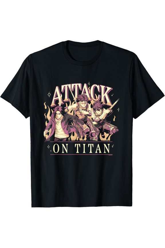 AOT Varsity Style Logo with Characters and Flames Anime T-Shirt