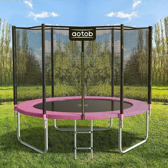 AOTOB 12FT Trampoline for Kids/Adults, Backyard 1400 LBS Trampoline with Safety Enclosure Net/Ladder,Pink