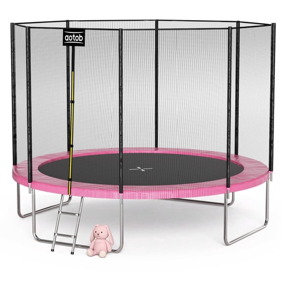 AOTOB 12FT Trampoline for Kids & Adults, 1400LBS Heavy-Duty Outdoor Backyard Trampoline with Safety Enclosure Net & Ladder, No Gap Design Birthday Gift, Pink