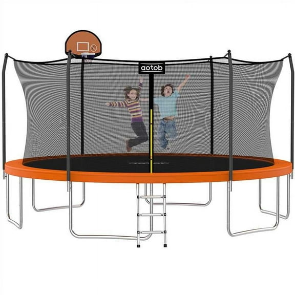 AOTOB 15FT Trampoline for Kids,Outdoor 1400LBS Trampoline with Basketball Hoop,Safety Enclosure Net and Ladder