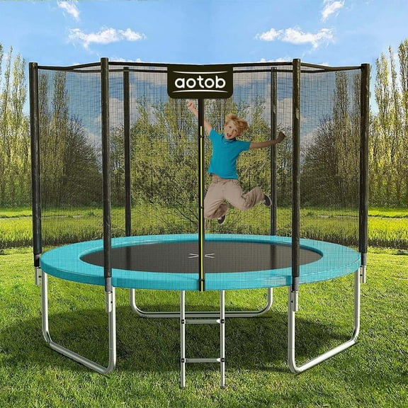 AOTOB 8FT Trampoline for Kids/Adults, Backyard 600 LBS Trampoline with Safety Enclosure Net/Ladder,Azure