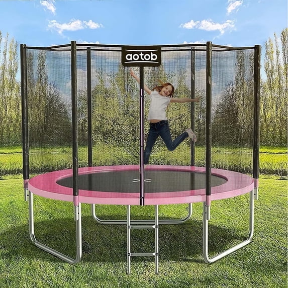 AOTOB 8FT Trampoline for Kids/Adults, Backyard 600 LBS Trampoline with Safety Enclosure Net/Ladder,Pink