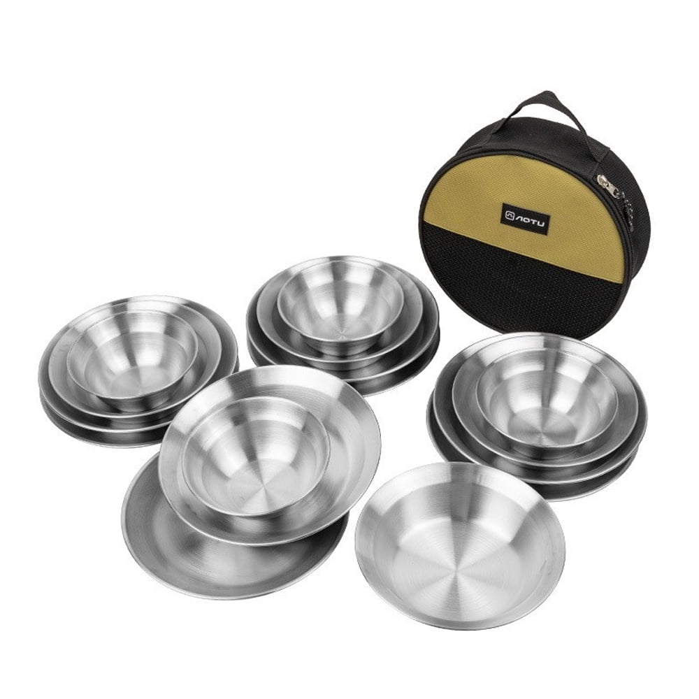 AOTU 16pcs Stainless Steel Plates and Bowls Camping Set,Small and Large