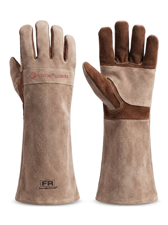 AOUCHI Leather Welding Gloves, Heat & Fire Resistant Long Sleeve, Brown L