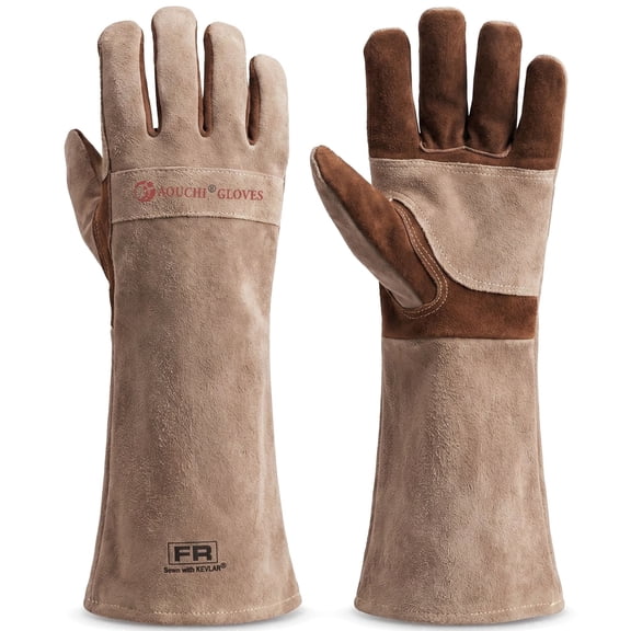 AOUCHI Leather Welding Gloves, Heat & Fire Resistant Long Sleeve, Brown L