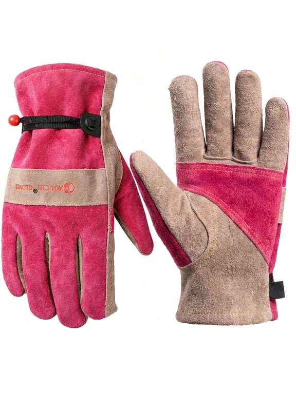 AOUCHI Leather Work Gloves for Women Men, Cotton Lined Welding Gardening, Pink S