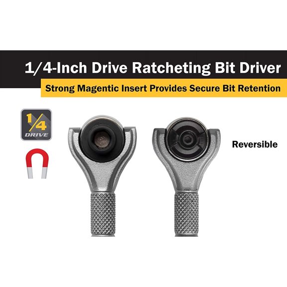 AOUHML-11318 1/4-Inch Drive x 4-Inch 90-Tooth Swivel Head Micro Ratcheting Bit Driver - Silver