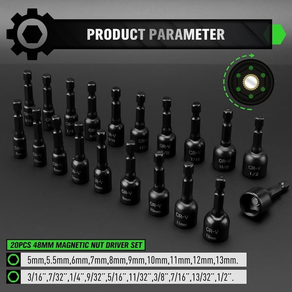 AOUHML-20-Piece Magnetic Nut Driver Set, Metric & SAE 1/4" Hex Shank, Drill Socket Set, Impact Driver Bit Set, Magnetic Bit Holder with Aluminum Alloy Snap Clip, Quick Change Tool