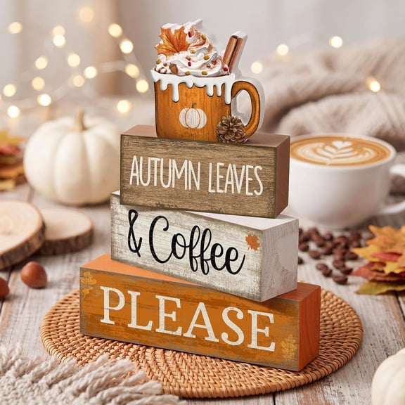 AOUHML-4 Pcs Fall Coffee Table Decor Fall Decoration for Home Wooden Stacked Block with Pumpkin Latte Topper Rustic Thanksgiving Tiered Tray Decor for Harvest Party Home Kitchen Coffee Bar