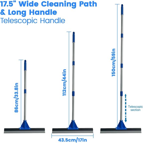 AOUHML-Floor Squeegee for Concrete Floor, 17.5" Heavy Duty Squeegee Broom for Floor, Commercial Scrubber Mop with Extendable Long Handle, Bathroom Tile Shower Glass Window