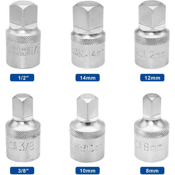 AOUHML-Oil Drain Plug Key Set, 1/2" Drive, 6 Pcs Oil Service Socket Set Metric 8mm/10mm/12mm/14mm, 3/8" 1/2", CR-V