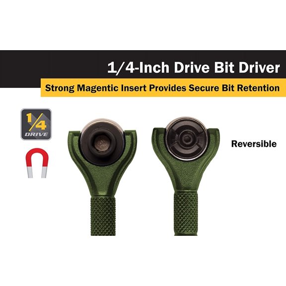 AOUHML-Tools 11325 1/4-Inch Drive x 4-Inch 90-Tooth Swivel Head Micro Ratcheting Bit Driver - Green