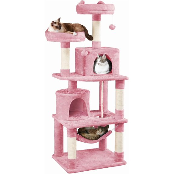 AOUIUY 62.5inches Cat Tree Cat Tower Cat Condo with Platform & Hammock, Scratching Posts for Kittens Pet Play House with Plush Perch for Indoor Activity Relaxing, Pink