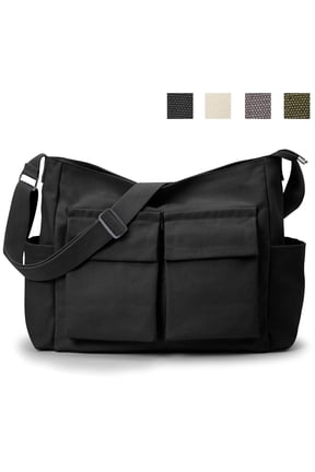 Canvas Tote Bag Messenger Bag,Vintage Crossbody Bag for Women Men,Casual Shoulder Laptop Bags for School Work Travel,Black