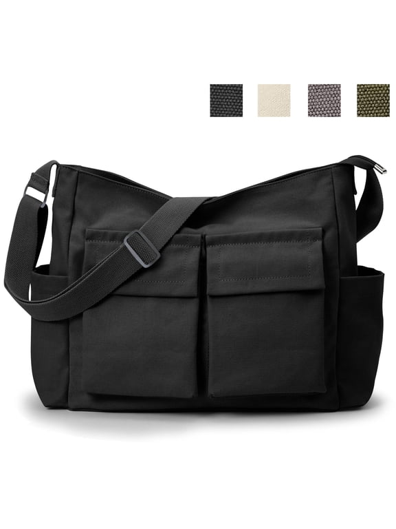 Canvas Tote Bag Messenger Bag,Vintage Crossbody Bag for Women Men,Casual Shoulder Laptop Bags for School Work Travel,Black