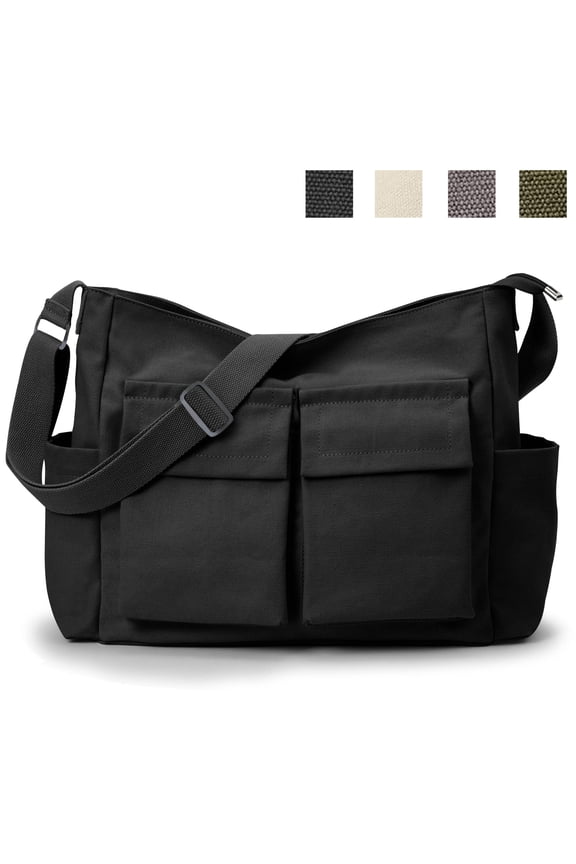 Canvas Tote Bag Messenger Bag,Vintage Crossbody Bag for Women Men,Casual Shoulder Laptop Bags for School Work Travel,Black