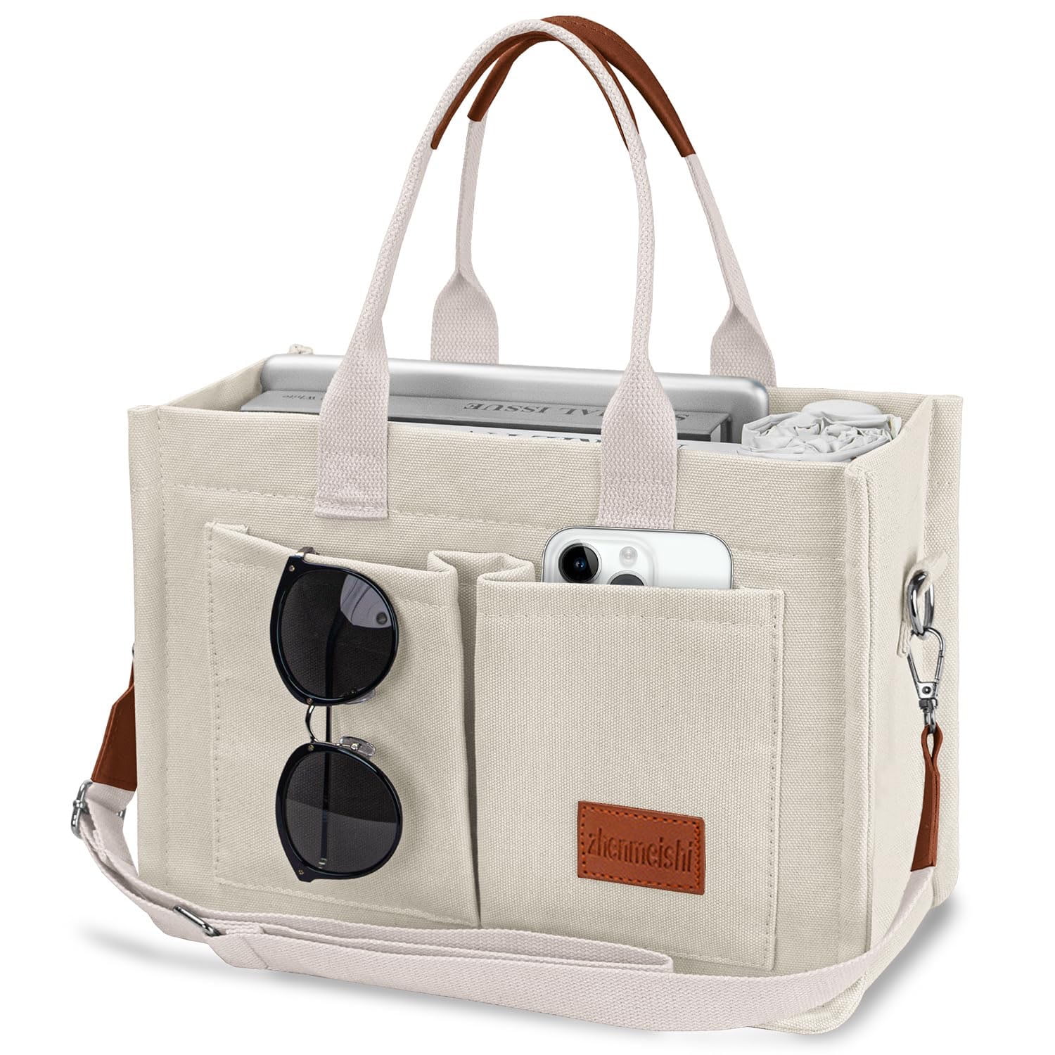 AOUNQ Canvas Tote Bag for Women Trendy Purse and Handbags Work Tote Bags with Pockets Crossbody Satchel Bag,Beige