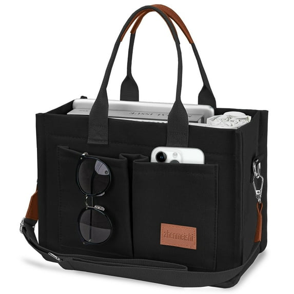 AOUNQ Canvas Tote Bag for Women Trendy Purse and Handbags Work Tote Bags with Pockets Crossbody Satchel Bag,Black