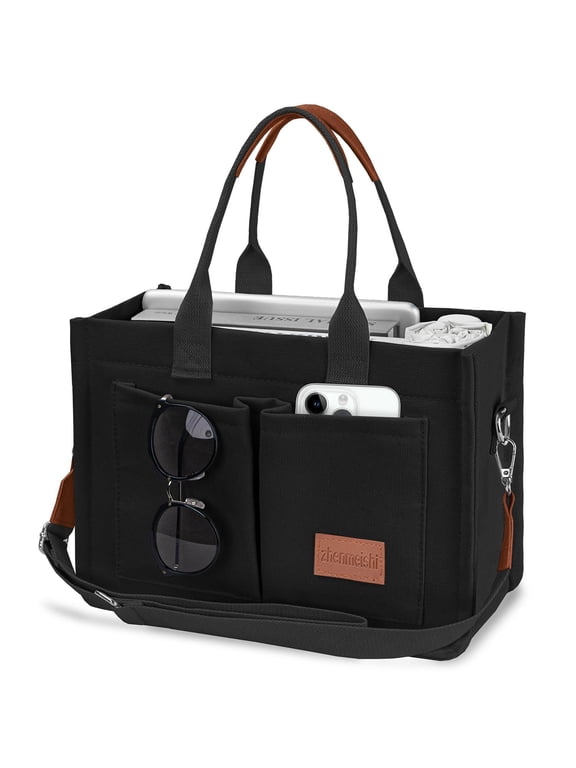 Canvas Tote Bag for Women Trendy Purse and Handbags Work Tote Bags with Pockets Crossbody Satchel Bag,Black
