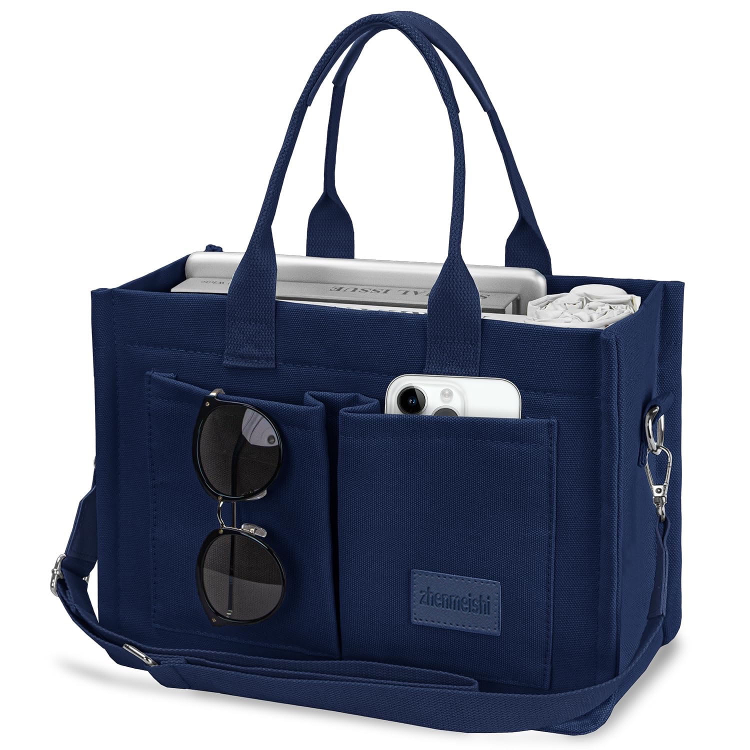 AOUNQ Canvas Tote Bag for Women Trendy Purse and Handbags Work Tote Bags with Pockets Crossbody Satchel Bag,Blue
