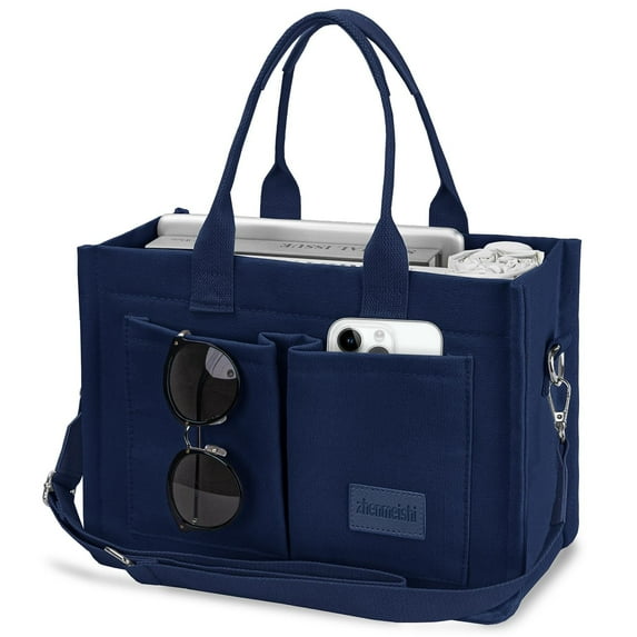 AOUNQ Canvas Tote Bag for Women Trendy Purse and Handbags Work Tote Bags with Pockets Crossbody Satchel Bag,Blue