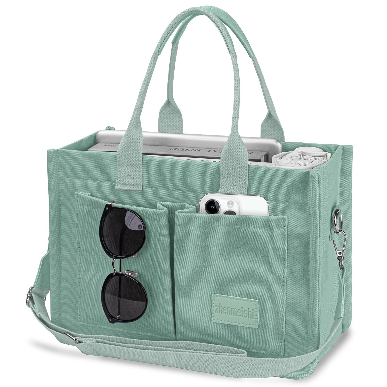 AOUNQ Canvas Tote Bag for Women Trendy Purse and Handbags Work Tote Bags with Pockets Crossbody Satchel Bag,Green