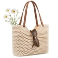 thumbnail image 1 of AOUNQ Boho Crochet Straw Beach Tote Bag for Women, Lightweight Foldable Woven Purse with Zipper for Summer Travel, 1 of 7