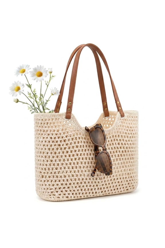 Boho Crochet Straw Beach Tote Bag for Women, Lightweight Foldable Woven Purse with Zipper for Summer Travel