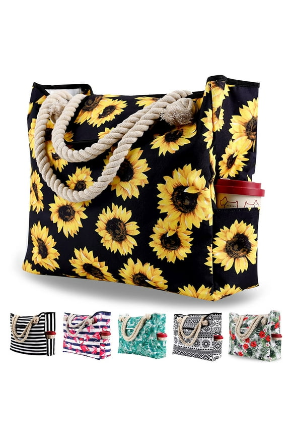 Large Beach Bags for Women Waterproof Tote Bag with Zipper Carry on Bag for Vacation Travel,Sunflower