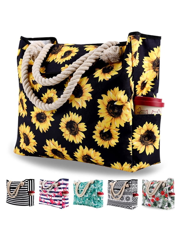 Large Beach Bags for Women Waterproof Tote Bag with Zipper Carry on Bag for Vacation Travel,Sunflower