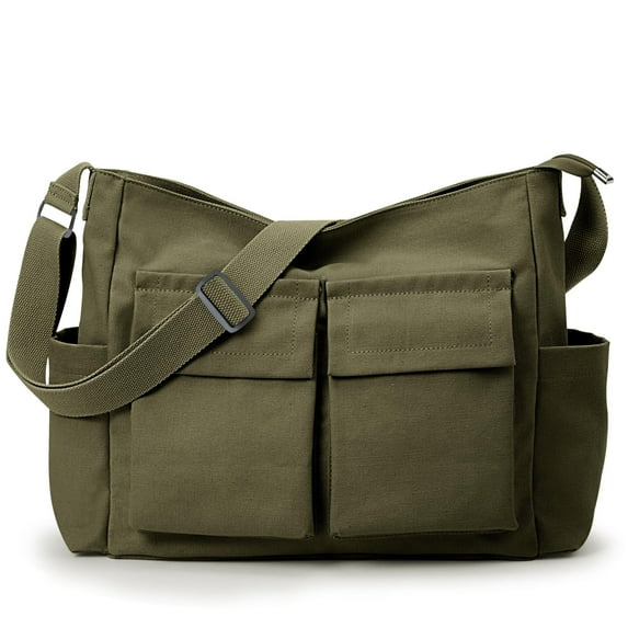 AOUNQ Canvas Tote Bag Messenger Bag,Vintage Crossbody Bag for Women Men,Casual Shoulder Laptop Bags for School Work Travel,Army Green