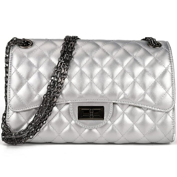 AOUNQ Shoulder Bags for Women Leather Crossbody Purses with Chain Strap Ladies Designer Handbags,Silver