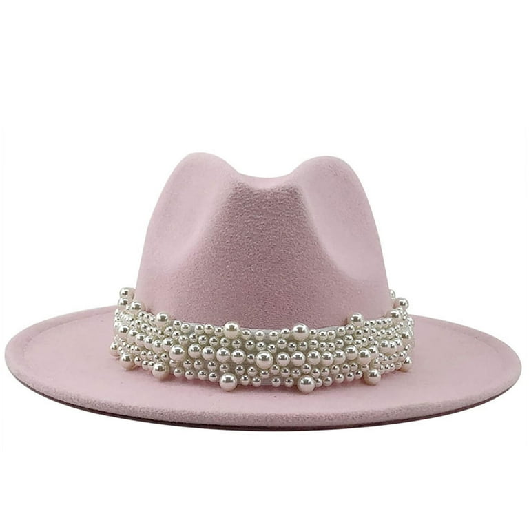 AOUNQ Womens Classic Felt Fedora Wide Brim Hat with Pearl Band