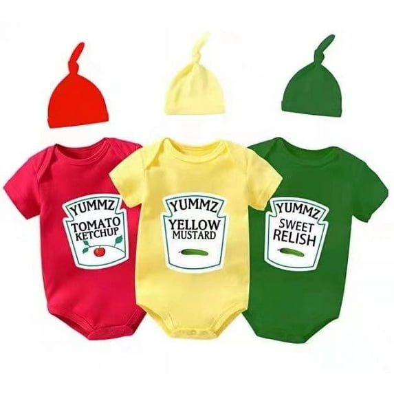 AOUYOA Baby Triplets Bodysuit Boys Clothes Twins Baby Girls Outfits Yummz Tomato Ketchup Mustard Set