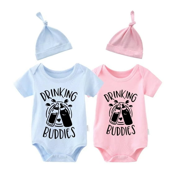 AOUYOA Baby Twins Bodysuit Drinking Buddies Baby Girl Clothes Baby Boy Twins Outfit Hat Set