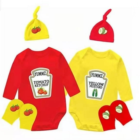 AOUYOA Baby Twins Bodysuit Gift Boy Clothing Yummz Ketchup Mustard Baby Shower Set Baby Hat with Gloves (7-9 months)